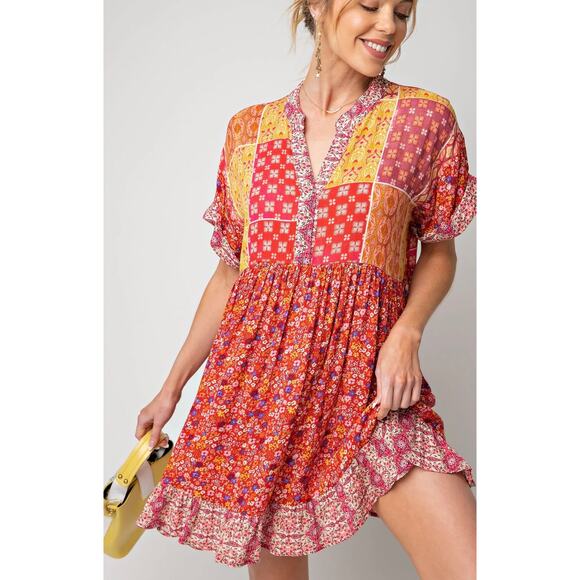 Red Boho patchwork dress size s #1406 - Picture 1 of 8